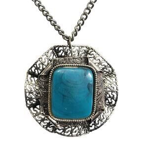 Vtg Unsigned Alice Caviness Faux Turquoise Silver Filigree Pendant Necklace